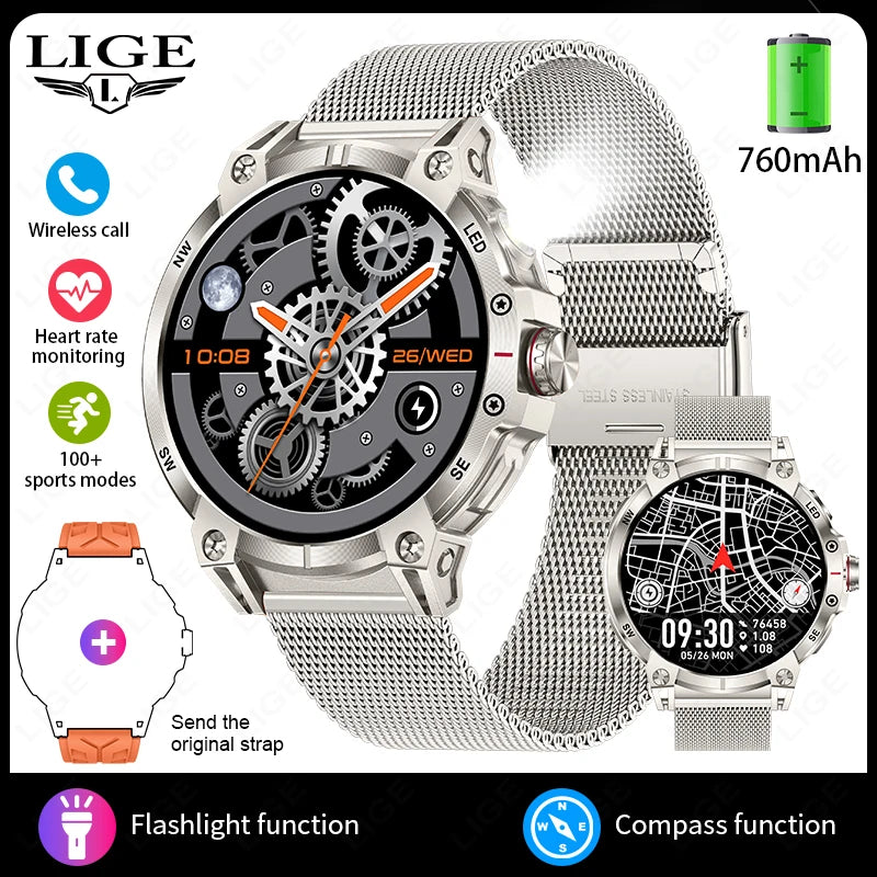 New Military Smart Watch Men 760mAh Large Battery LED Flashlight Compass 1.8"HD Screen Heart rate Waterproof BT Call Smartwatch