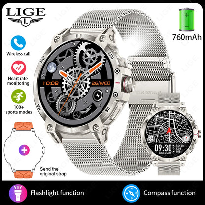 New Military Smart Watch Men 760mAh Large Battery LED Flashlight Compass 1.8"HD Screen Heart rate Waterproof BT Call Smartwatch