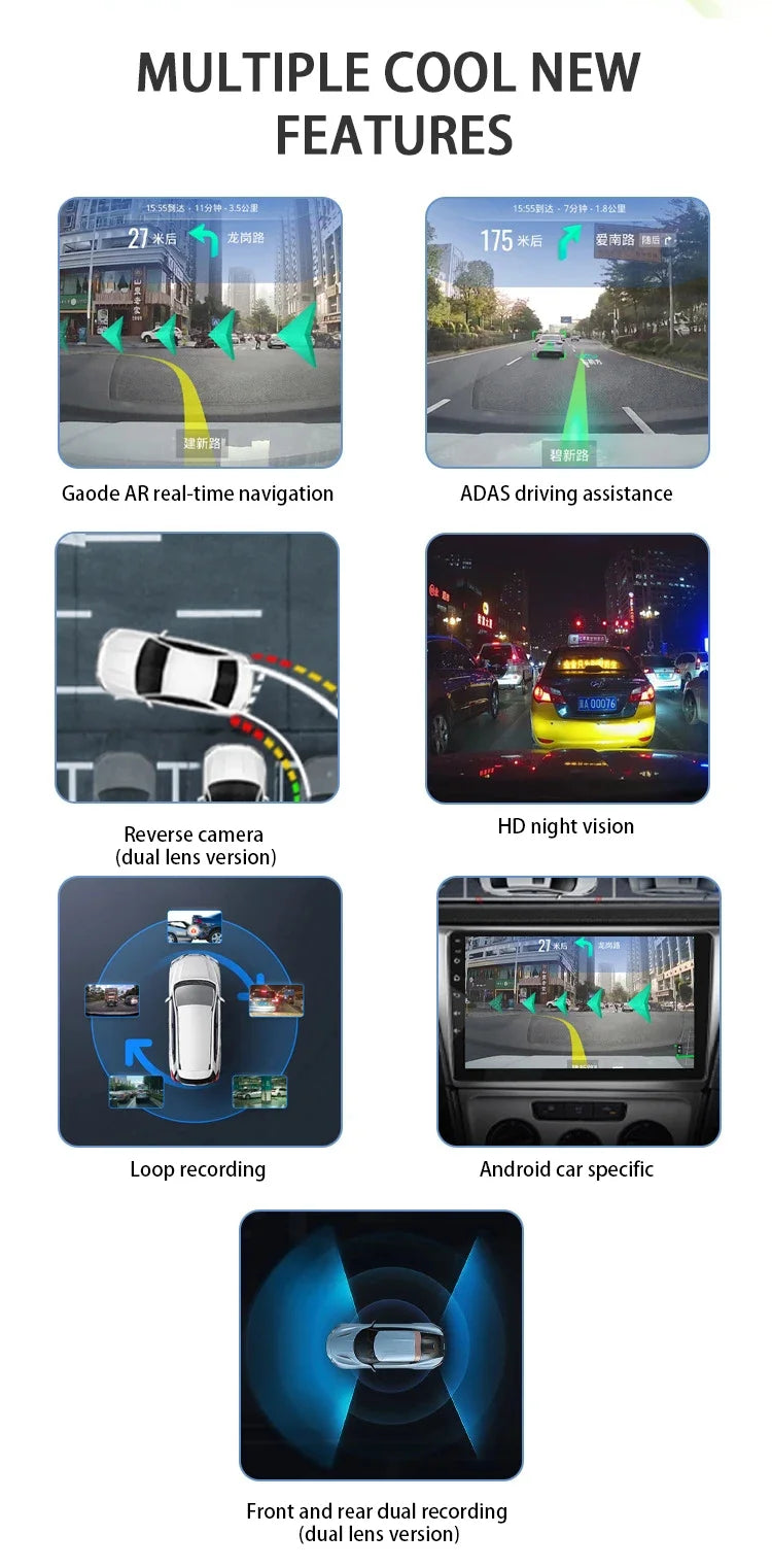 Dash Cam Car USB ADAS DVR HD1080P Special for Android Multimedia Player Dual-lens Front Rear 170 Degree Recorder Reverse Vision