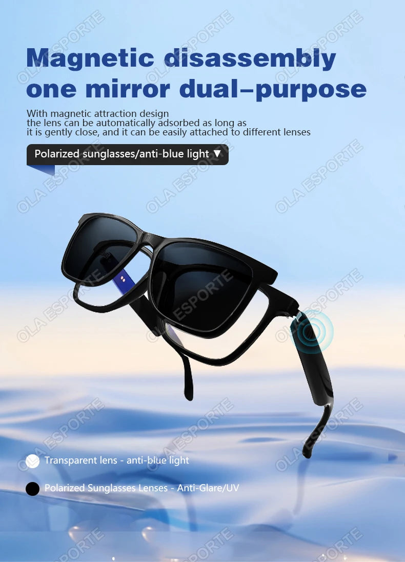 Hot GS05 Smart Glasses For Men 2 in 1 UV Protection Portable Polarized Anti-blue light Black Frame White Lenses Music Sunglasses