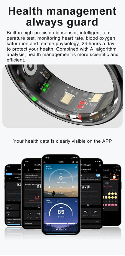 Smart Ring with Case-Skin Temperature Measure,Message Call Reminder,Sport Health Sleep Monitor,IP68 5ATM,Touch Control Rings