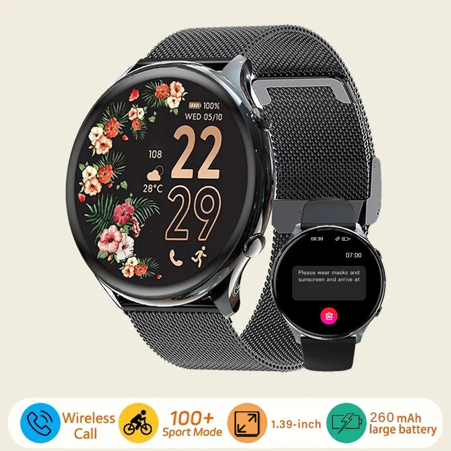 Smart watch for women, always-on display, IP67, fitness tracker with sleep monitoring/menstrual cycle, black gold