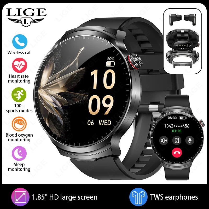 LIGE 2025 Smart Watch 2 in 1 With Earphone Smartwatch Bluetooth Call Men Watch AI Voice Heart Rate Monitor Play Music SmartWatch