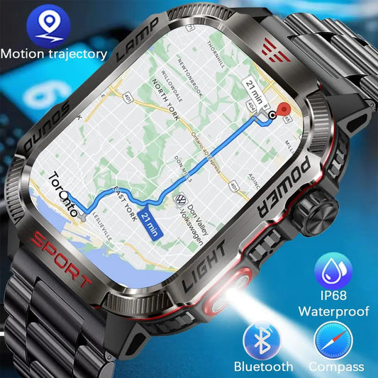 2025 New Military Outdoor Smart Watch Men's GPS Flashlight Bluetooth Call 2.01" AMOLED Screen 3ATM Waterproof Sports Smartwatch