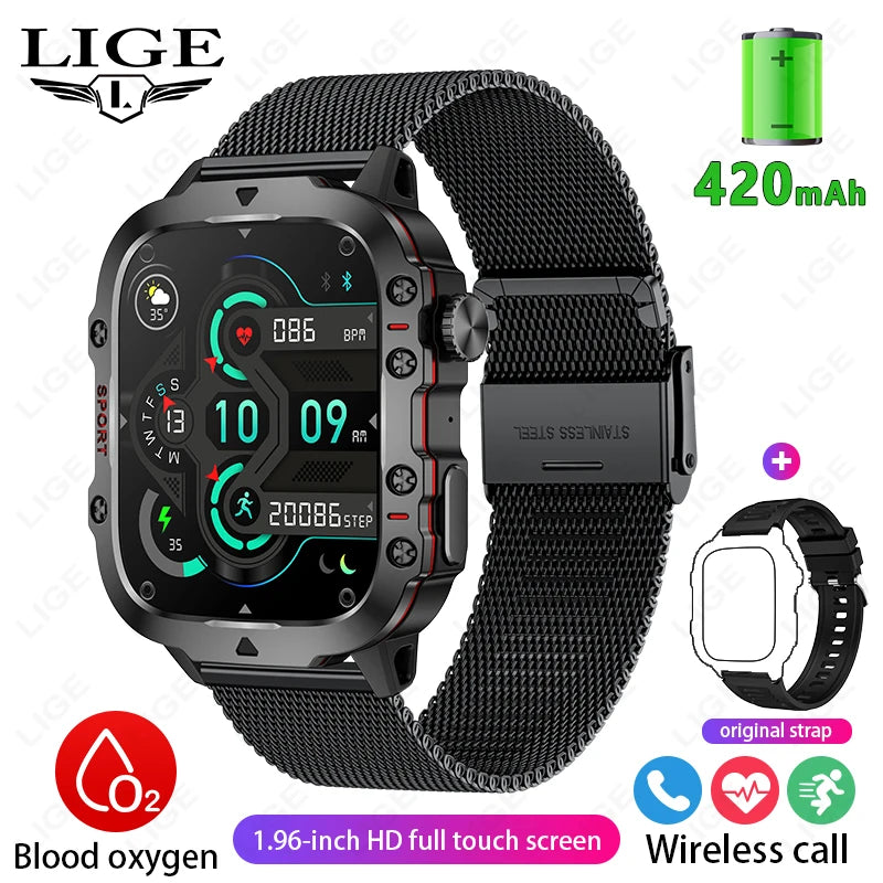 LIGE Outdoor Smart Watch Men 2.01" Screen 3AT Waterproof Watches Bluetooth Call Ai Voice Sport Smartwatch For Android Xiaomi IOS
