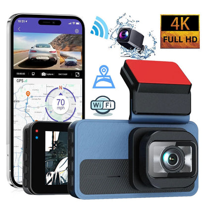 Dash Cam Front 4K and Rear 2K HD WiFi ADAS Dashboard Camera with 3 Inch LCD Screen 64GB Memory Card for Car Car Driving Recorder