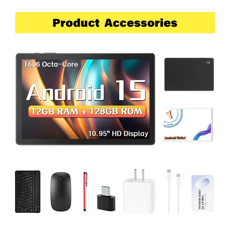Android 15 Tablet with Keyboard, 12GB RAM (6+6), 128GB Storage, 1TB Expandable, 8000mAh Battery, 10.95 Inch 2-in-1 Tablets PC