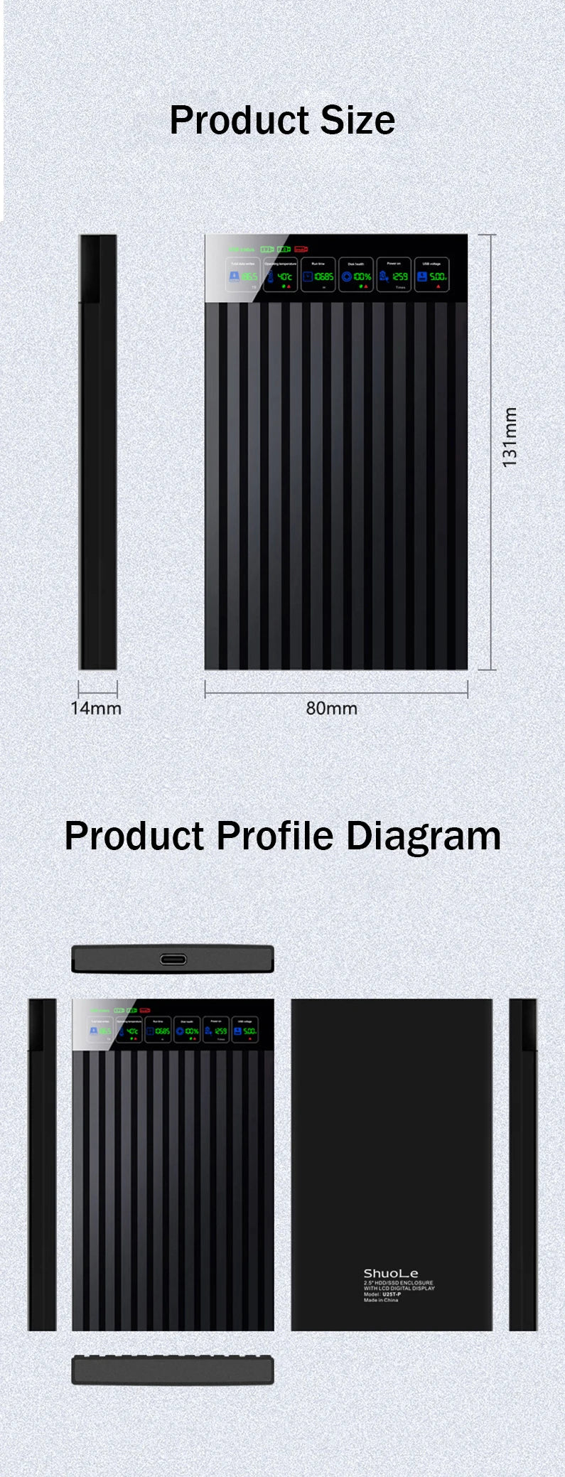 Portable  SATA To Type-C Hard Drive Chassis Intelligent Digital Display Adapter 2.5 Inch 6Gbps External HDD Case for PC Laptop