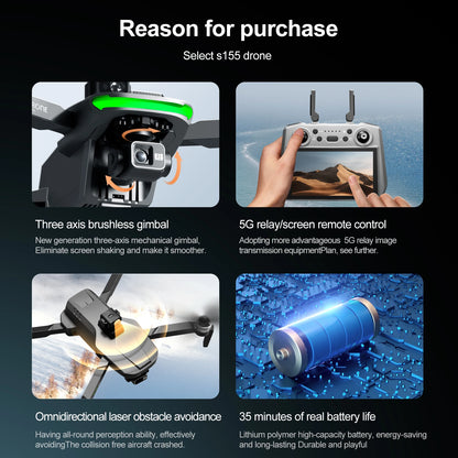 S155 MAX GPS Drone Professional 4K Camera 7.2-inch Touch Screen 3-Axis Gimbal EIS Relay Aircraft Obstacle Avoidance Dron Toy