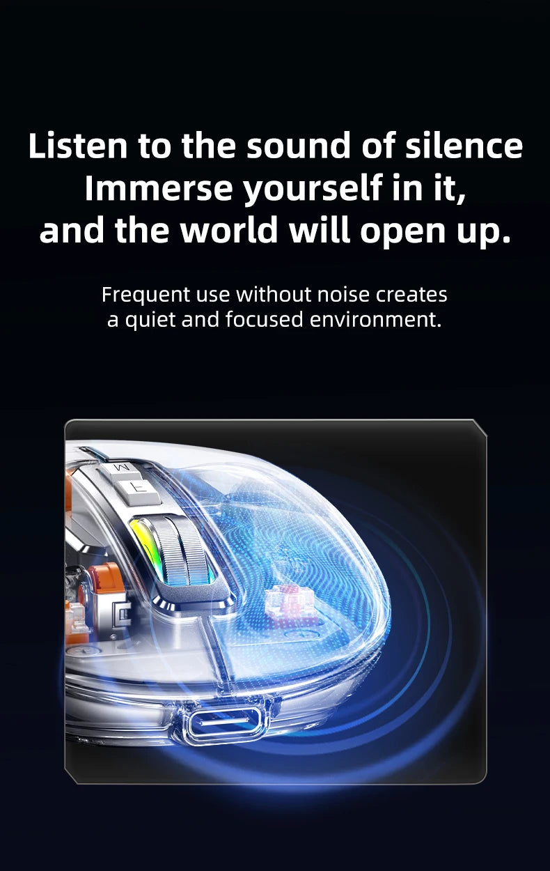 Full of technological sense! Translucent wireless mouse with multi-mode connection and metal roller.