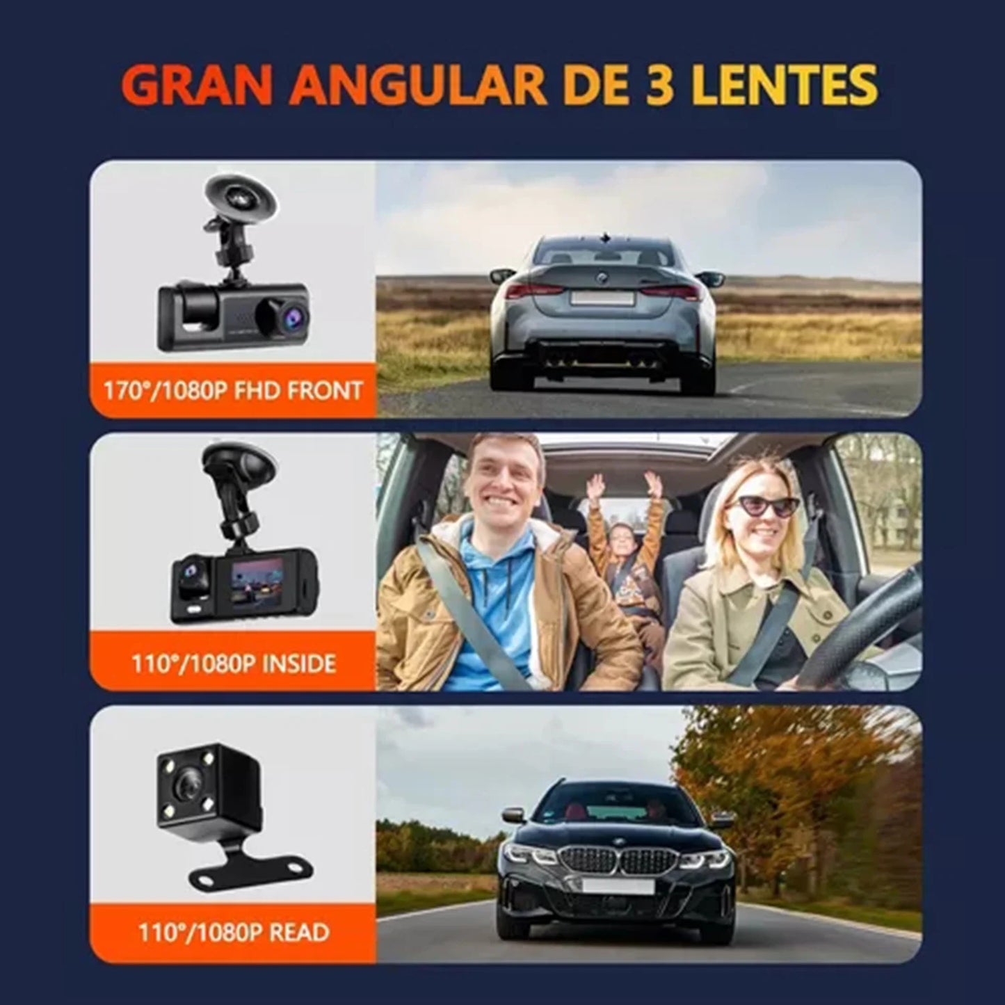 Dash Cam Recording Car Camera DVR S1 2"Screen HD 1080P 3 Cameras+WiFi (Front/Rear/In car) Night Vision Video Recorder