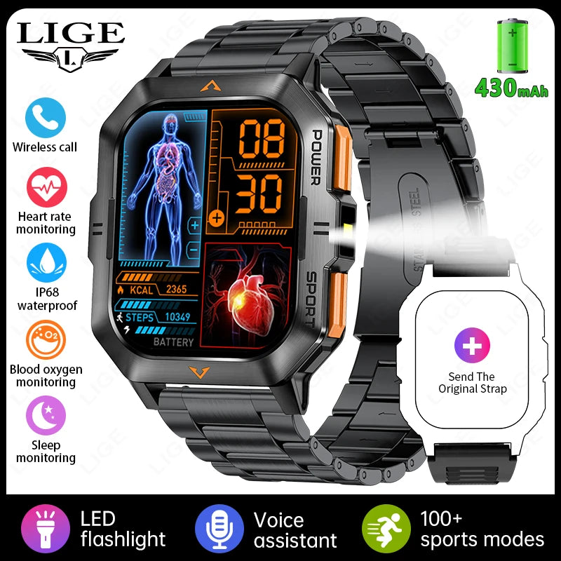 LIGE Outdoor Smart Watch For Men Women‘s Health 2.01’’ HD Screen 430mAh Battery LED Flashlight Waterproof Sports Smartwatches