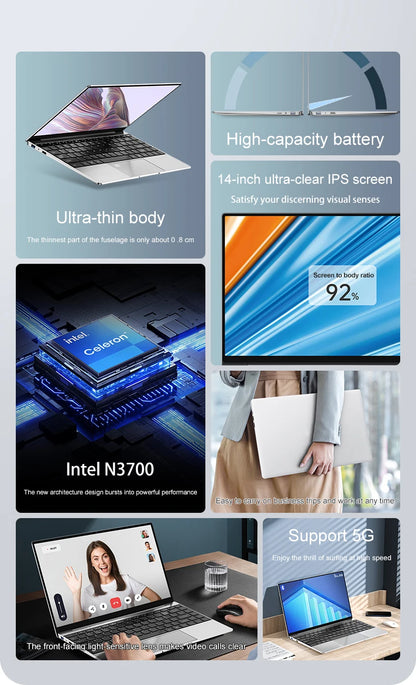 14.1" Slim Bezel Laptop Intel N3700 16GB RAM 1TB SSD Win11 Lightweight Office Entertainment Notebook