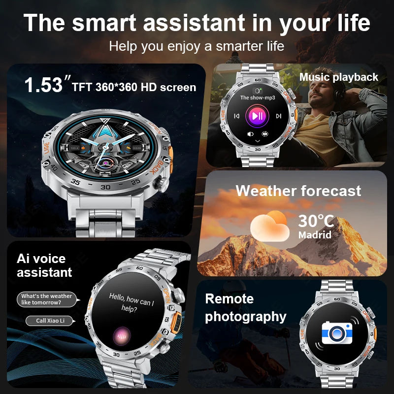 2025 Smart Watch Men 360*360 AMOLED HD Screen Waterproof Sports Fitness Watches Flashlight New Men Smartwatch For Andrio IOS