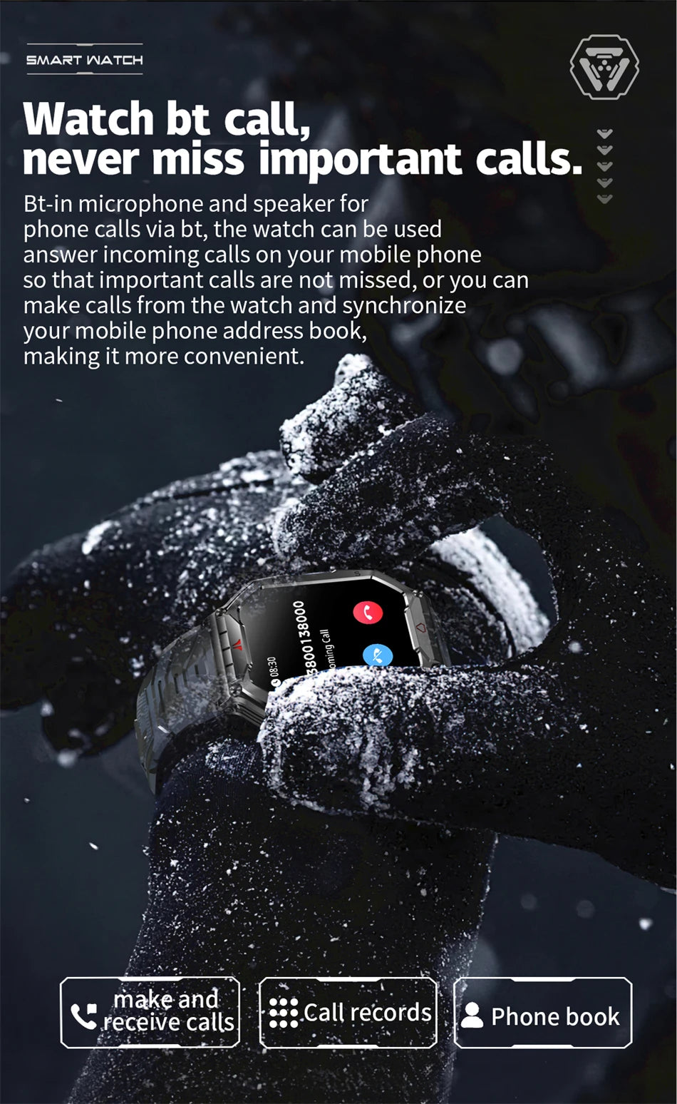 2.1 Inch AMOLED HD Screen Smartwatch Men Compass GPS Outdoor Sports Health Monitoring 1ATM Waterproof Bluetooth Call Smart watch