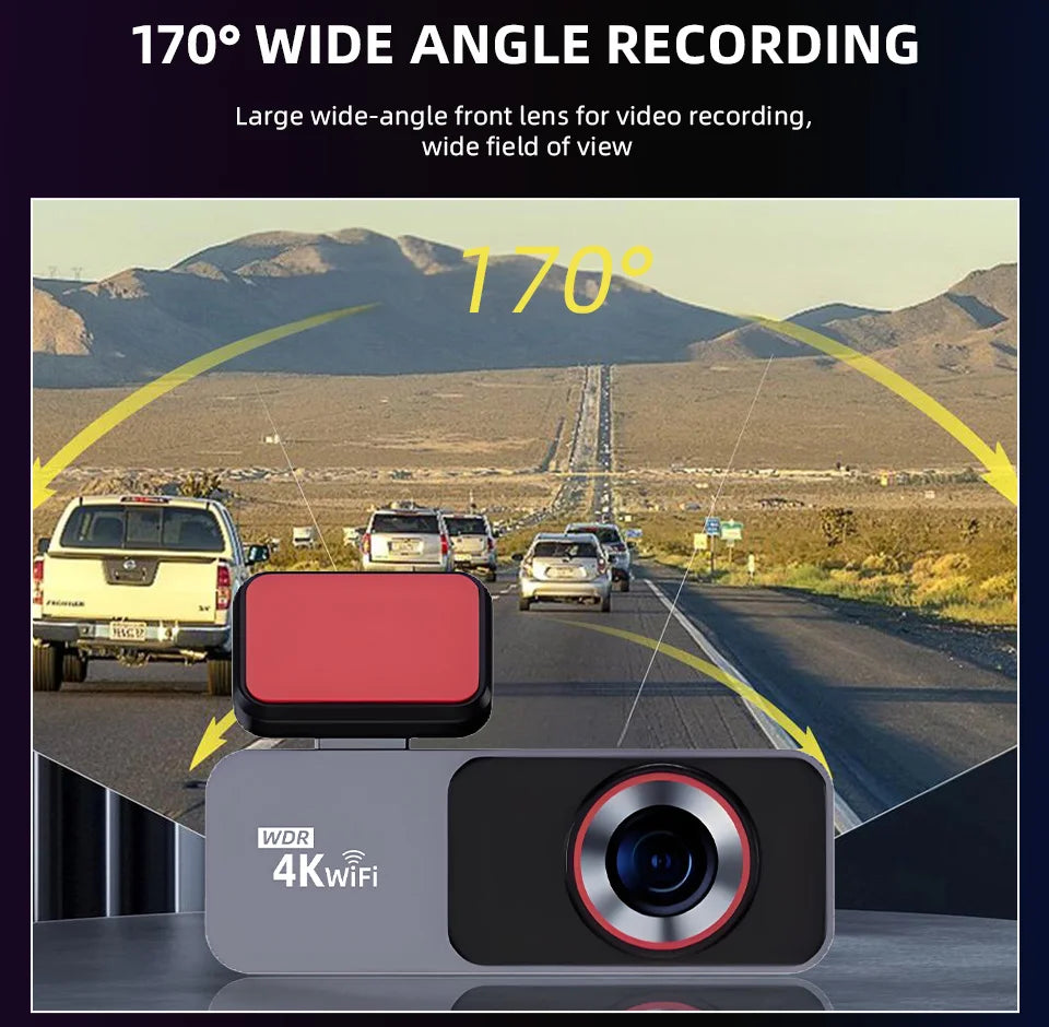 Dash Cam 4K HD Ultra Wide Angle Loop Recording Dash Cam Built-in WiFi Optional Dual Lens 24 Hours Parking Monitoring