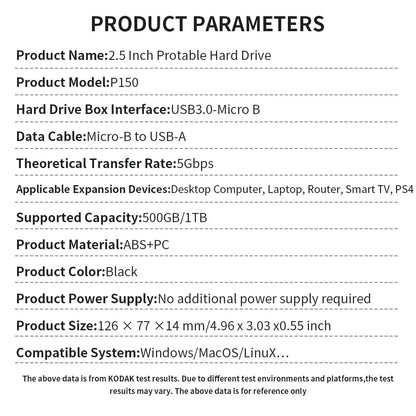 KODAK portable external hard drive P150 USB3.0, high-speed transmission, stable and durable, suitable for backup and storage