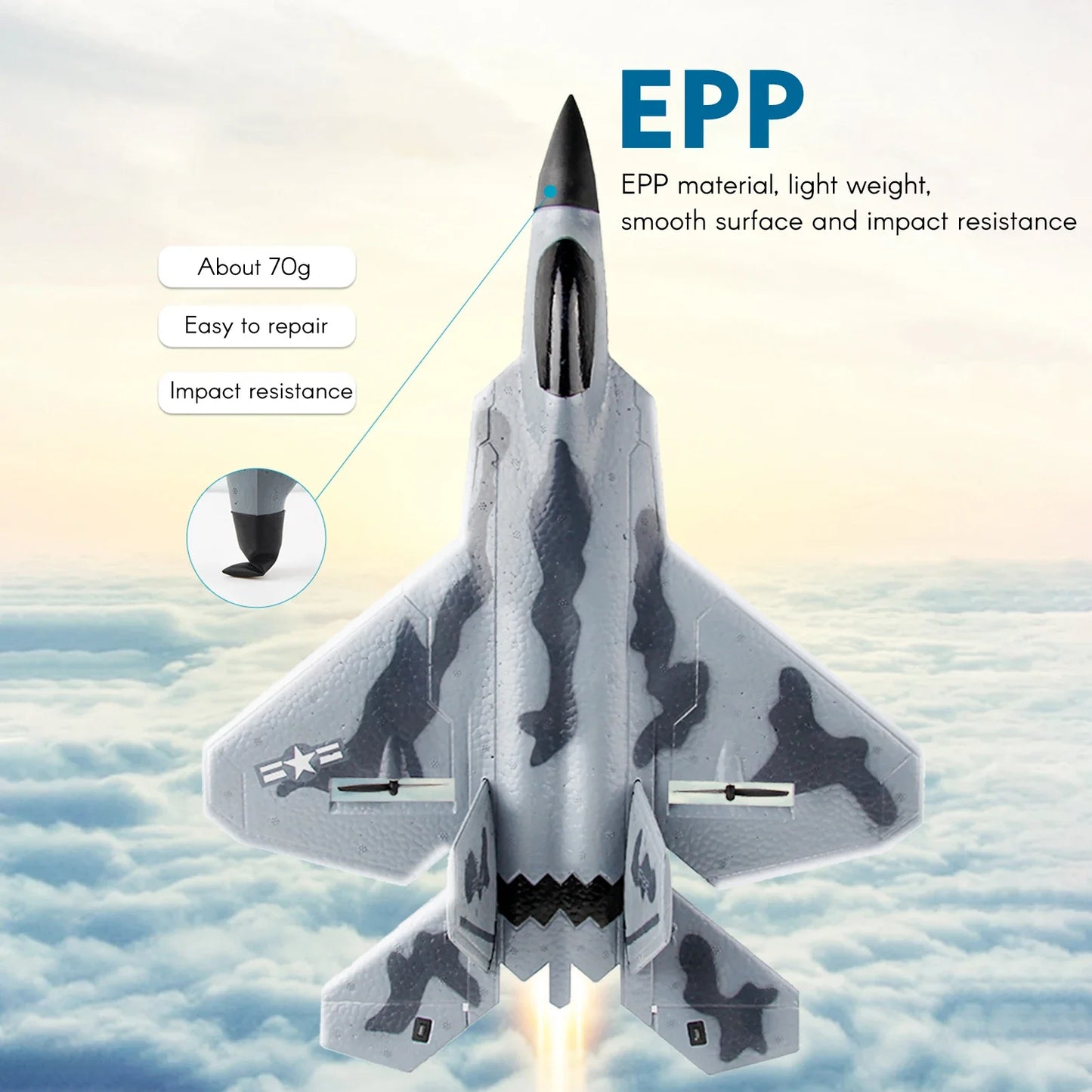 Foam RC Aircraft F22 Fighter Raptor Series FX-822 With Light 2.4Ghz 2CH Foam Drone Ready To Fly Airplane Toy Boy