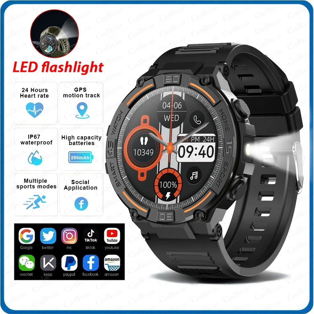 Outdoor Smart Watch with Flashlight Male Sports Fitness Waterproof Watch 24 Hours Heart Rate Monitor Bluetooth Call Smartwatch