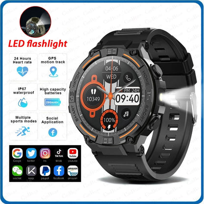Outdoor Smart Watch with Flashlight Male Sports Fitness Waterproof Watch 24 Hours Heart Rate Monitor Bluetooth Call Smartwatch