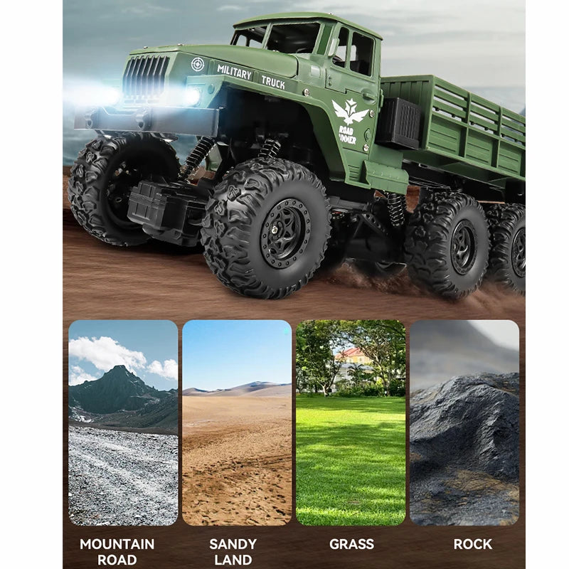 1/16 2.4G Aluminum Alloy RC Truck Six Wheel Military Edition with LED Lights Outdoor Remote Control Cars Toys Gift for Children