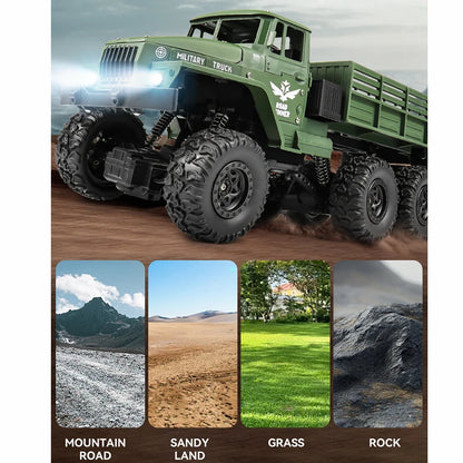 1/16 2.4G Aluminum Alloy RC Truck Six Wheel Military Edition with LED Lights Outdoor Remote Control Cars Toys Gift for Children