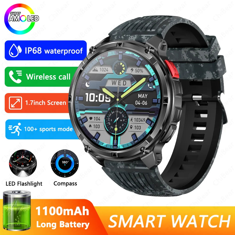 GPS Outdoor Sports Smartwatches 1100mAh Large Battery LED Light Compass 3ATM Waterproof Bluetooth Call Smart Watch 2025 New