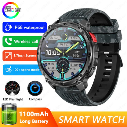 1100mAh Battery Outdoor Sport Smartwatches Men LED Flashlight Message Push Heart Rate 3ATM Waterproof Bluetooth Call Smart Watch