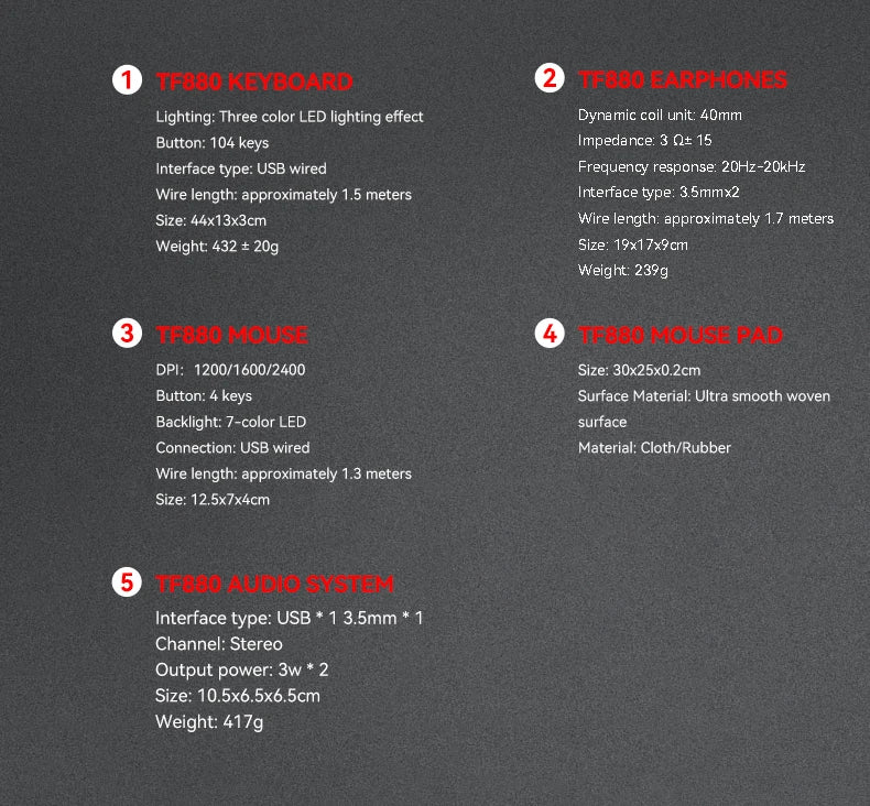 Five-piece Gaming Combo 104 Keys Keyboard 4-color Breathing Light Mouse 3.5mm Gaming Headset Gaming Speaker Anti-slip Mouse Pad