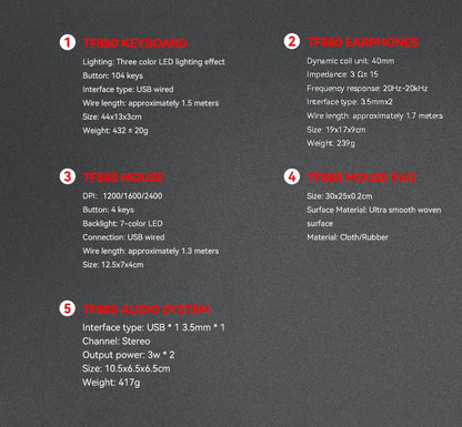 Five-piece Gaming Combo 104 Keys Keyboard 4-color Breathing Light Mouse 3.5mm Gaming Headset Gaming Speaker Anti-slip Mouse Pad