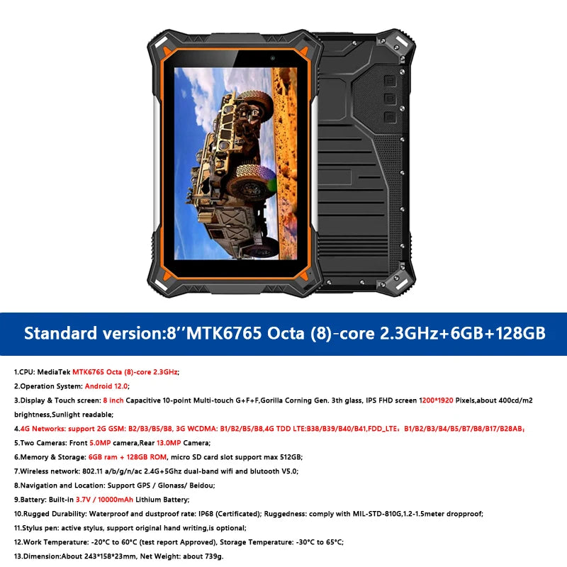 Android 12 Rugged Tablets PC 6GB RAM 128GB ROM Industrial Computer Tablets Phone 10000mah IP68 Waterproof 8 Inch Touch Screen
