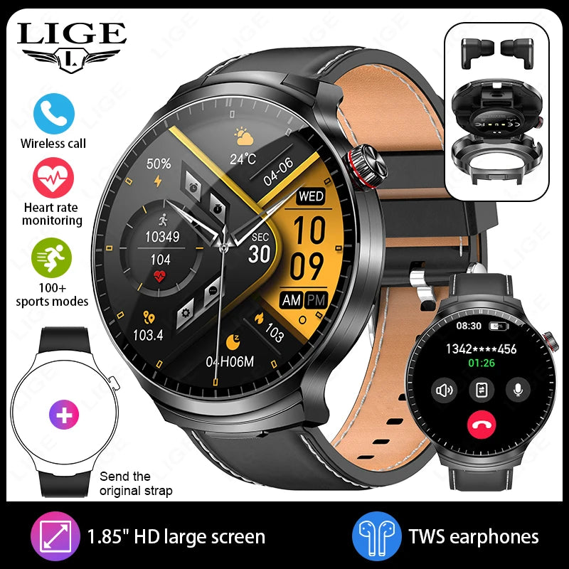 LIGE 2025 Smart Watch 2 in 1 With Earphone Smartwatch Bluetooth Call Men Watch AI Voice Heart Rate Monitor Play Music SmartWatch