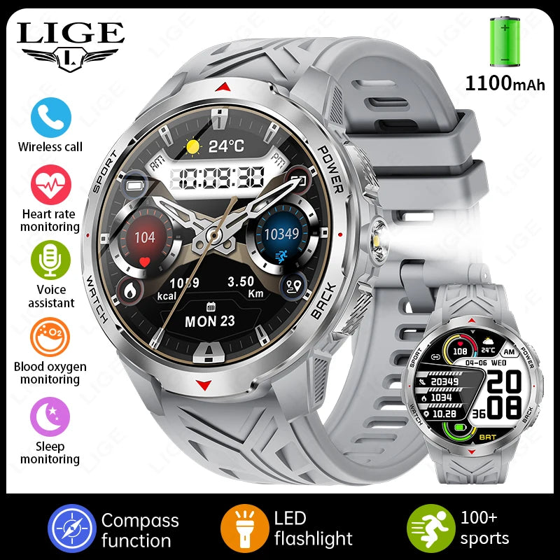 LIGE New 1100mAh Large Battery Sports Smart Watch Men Waterproof BT Call Smartwatch Men Sleep Heart Rate Monitor Compass Watches