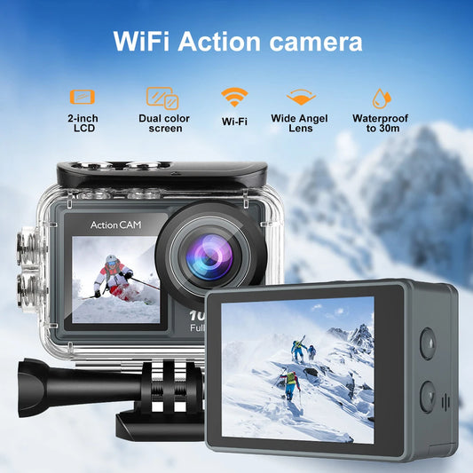 Action Camera Full HD 1080P 12MP Waterproof 30M Underwater Dual Screen With WiFi Wide Angle Sport Camera With Motion Detection