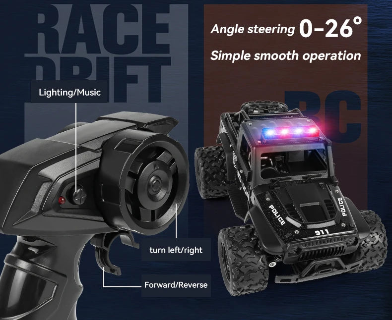 Remote-controlled off-road police car, cool police lights, simulated siren sounds, 1:16 scale alloy body,Spring shock absorption
