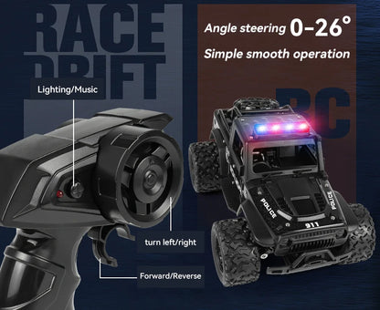 Remote-controlled off-road police car, cool police lights, simulated siren sounds, 1:16 scale alloy body,Spring shock absorption