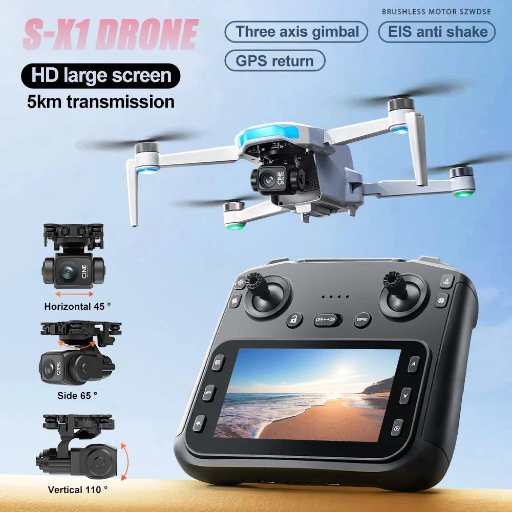 S-X1 GPS Drone 4K Professional HD Dual Camera 5G WIFI Brushless FPV Quadcopter Foldable 3-axis Gimbal Aerial Photography RC Dron