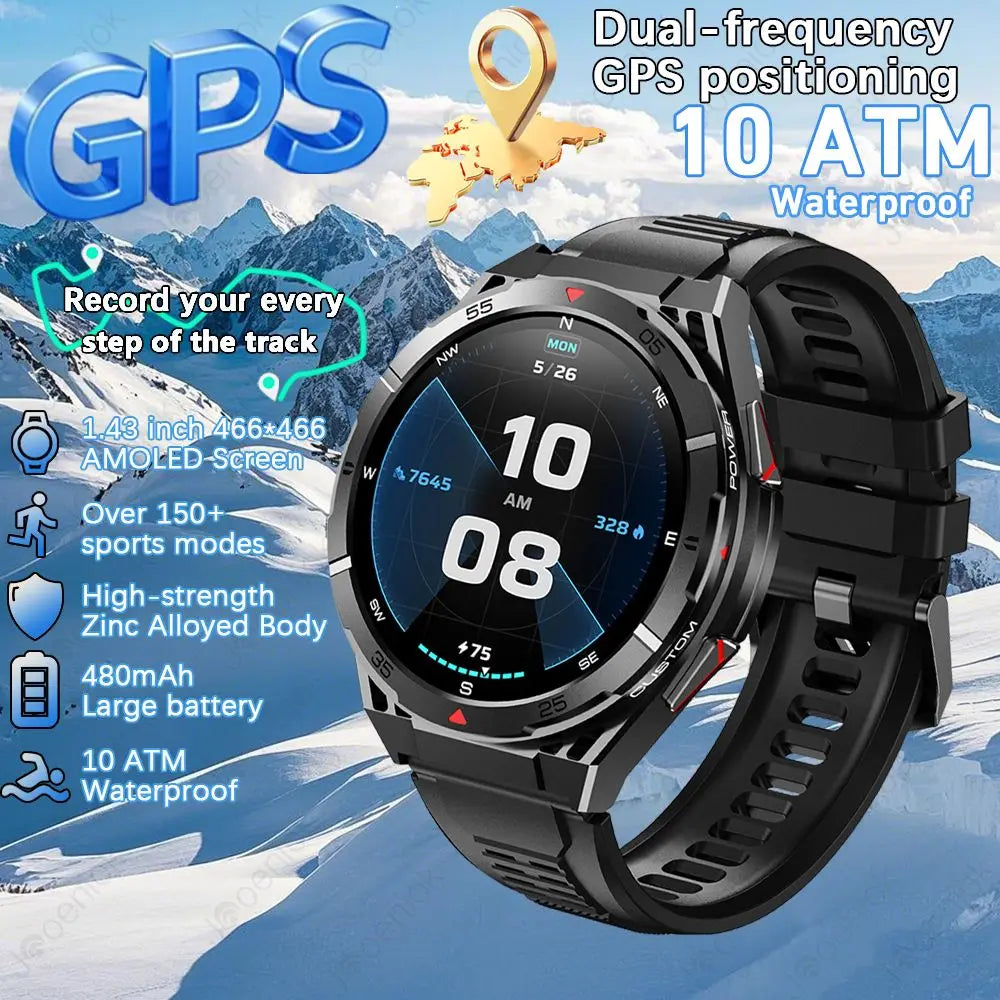 GPS Smartwatch Men 1.43" AMOLED 10ATM Waterproof Bluetooth HD Call Compass Altitude Barometer Multi Sport Mode Smart Watch