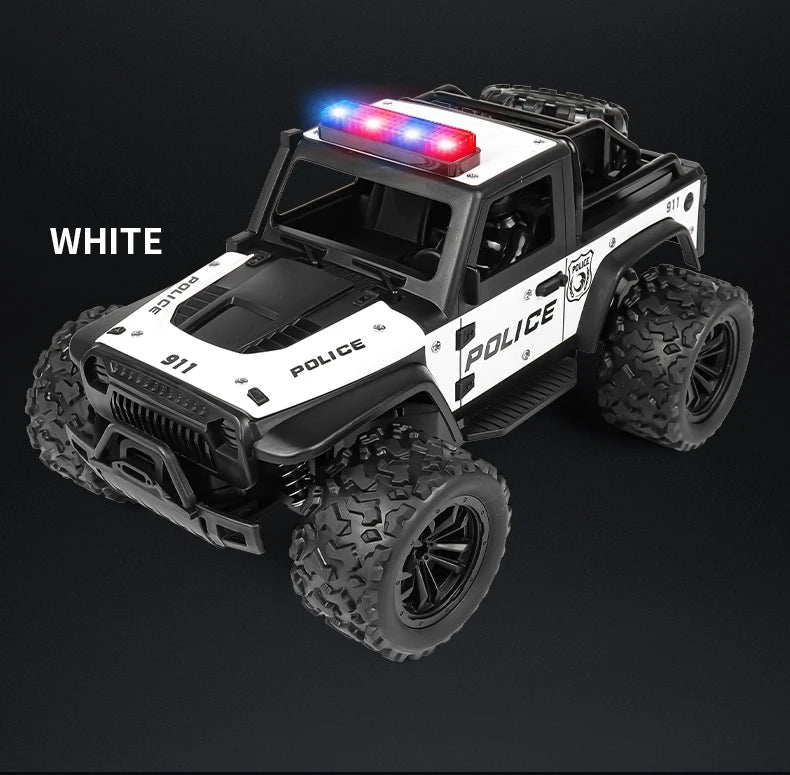 Remote-controlled off-road police car, cool police lights, simulated siren sounds, 1:16 scale alloy body,Spring shock absorption