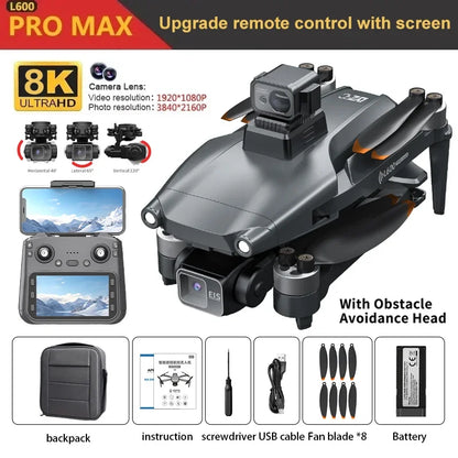 L600 PRO Max GPS Drone With Screen Control 8K HD Dual Camera Brushless Obstacle Avoidance 3-Axis Gimbal Aerial FPV RC Dron 5KM