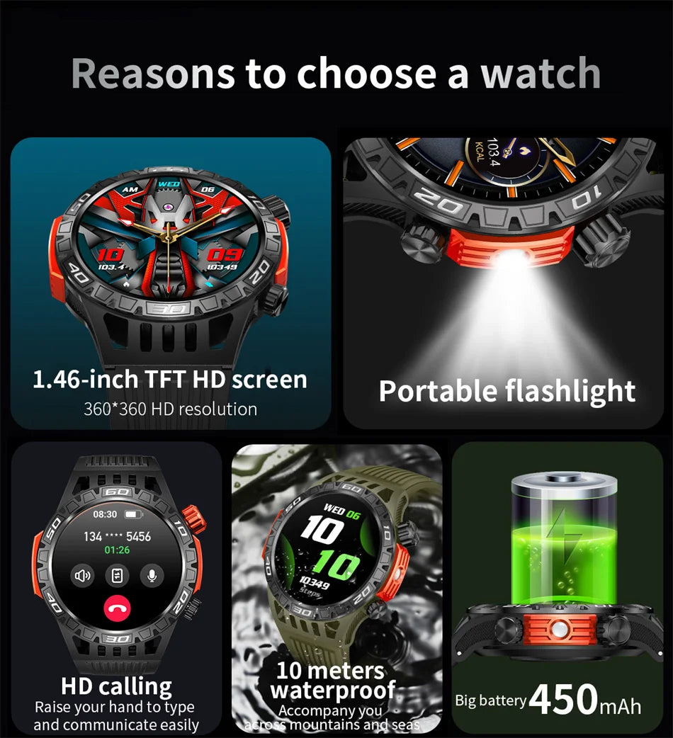 Smart Watch Men With LED Lighting Compass Sports Fitness Tracker Watch IP68 Waterproof Bluetooth Talk SmartWatch For Android IOS