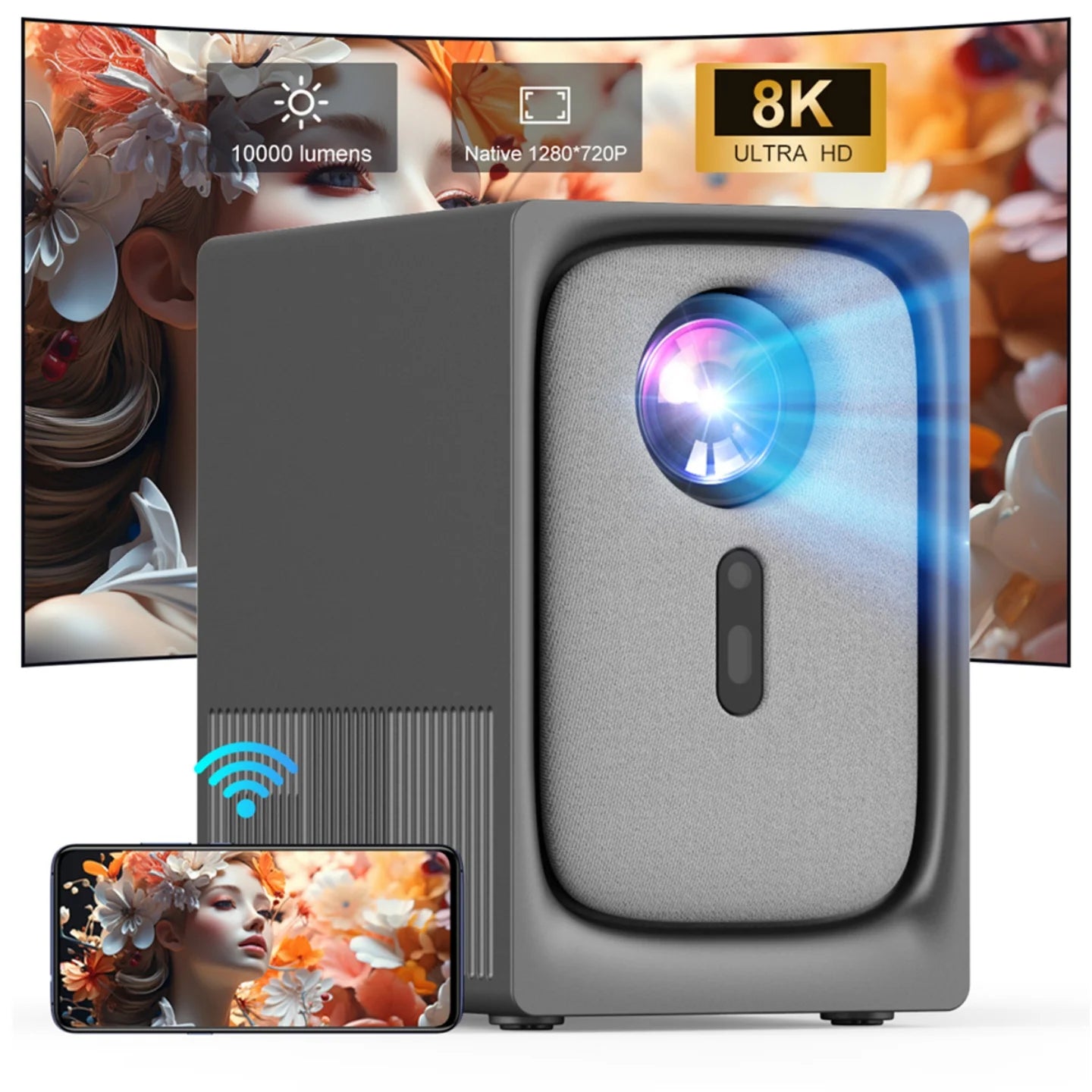 Outdoor Movie Projector for Home Theater WiFi & Bluetooth Native 1080P 8K Support up to 300'' Compatible with USB iOS Android