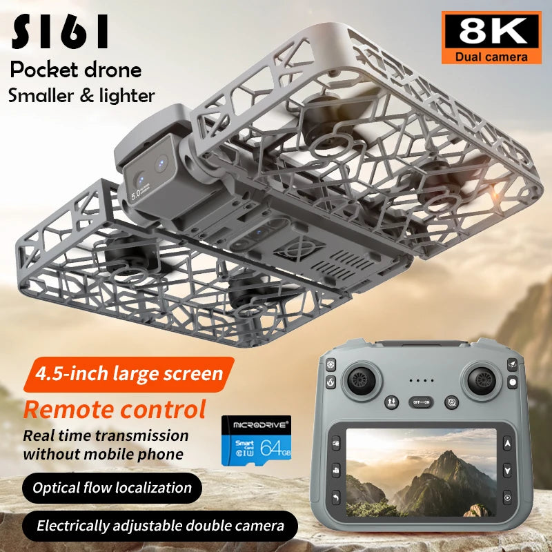 Original Mini Drone Flying Camera S161 RC Dron 8K HD Aerial Photography Pocket UAV with Screen Control Brushless Full Enclosure