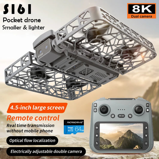 Original Mini Drone Flying Camera S161 RC Dron 8K HD Aerial Photography Pocket UAV with Screen Control Brushless Full Enclosure