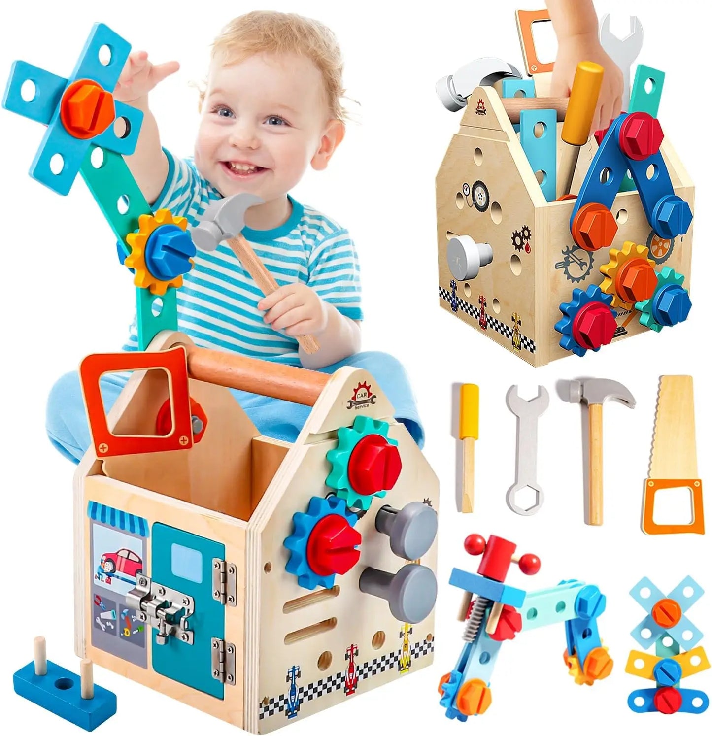 Tool Bench for Kids Toy Play Workbench Wooden Tool Bench Workshop Workbench with Tools Set Wooden Construction Bench Toy for Boy