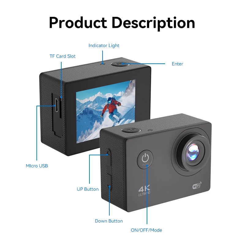 Null 4K Outdoor WiFi Action Camera Helmet Video Recording 4K/30FPS WiFi 2.0" 170DGPS 4X Zoom Underwater Waterproof Sports Camera