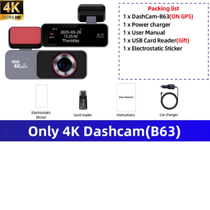 Dash Cam 4K HD Ultra Wide Angle Loop Recording Dash Cam Built-in WiFi Optional Dual Lens 24 Hours Parking Monitoring