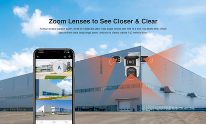 Four Lens WiFi Security Camera 20MP Four Screens Outdoor 10X Optical Zoom Human Auto Tracking Waterproof Multi-Camera System