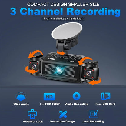 Dash Cam W/ IR Night Vision Loop Recording 3" IPS Screen 360° Rotatable 1080P 4 Camera Front/Rear/Left/Right Cars Driving DVR