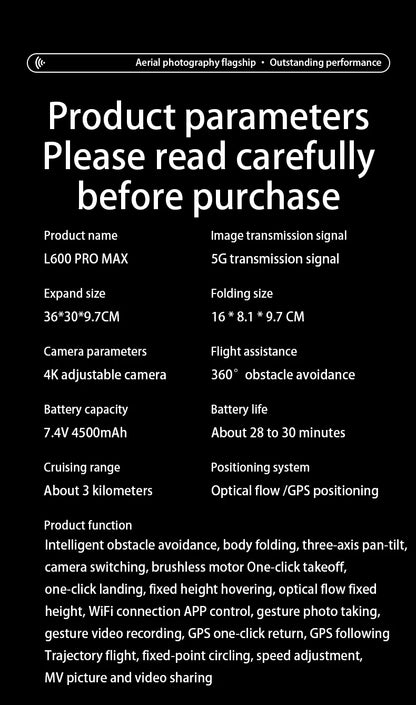 New L600-1 PRO MAX GPS Drone 5KM 4K Professional HD Dual Camera 360° Laser Obstacle Avoidance Brushless Quadcopter Toy Gift